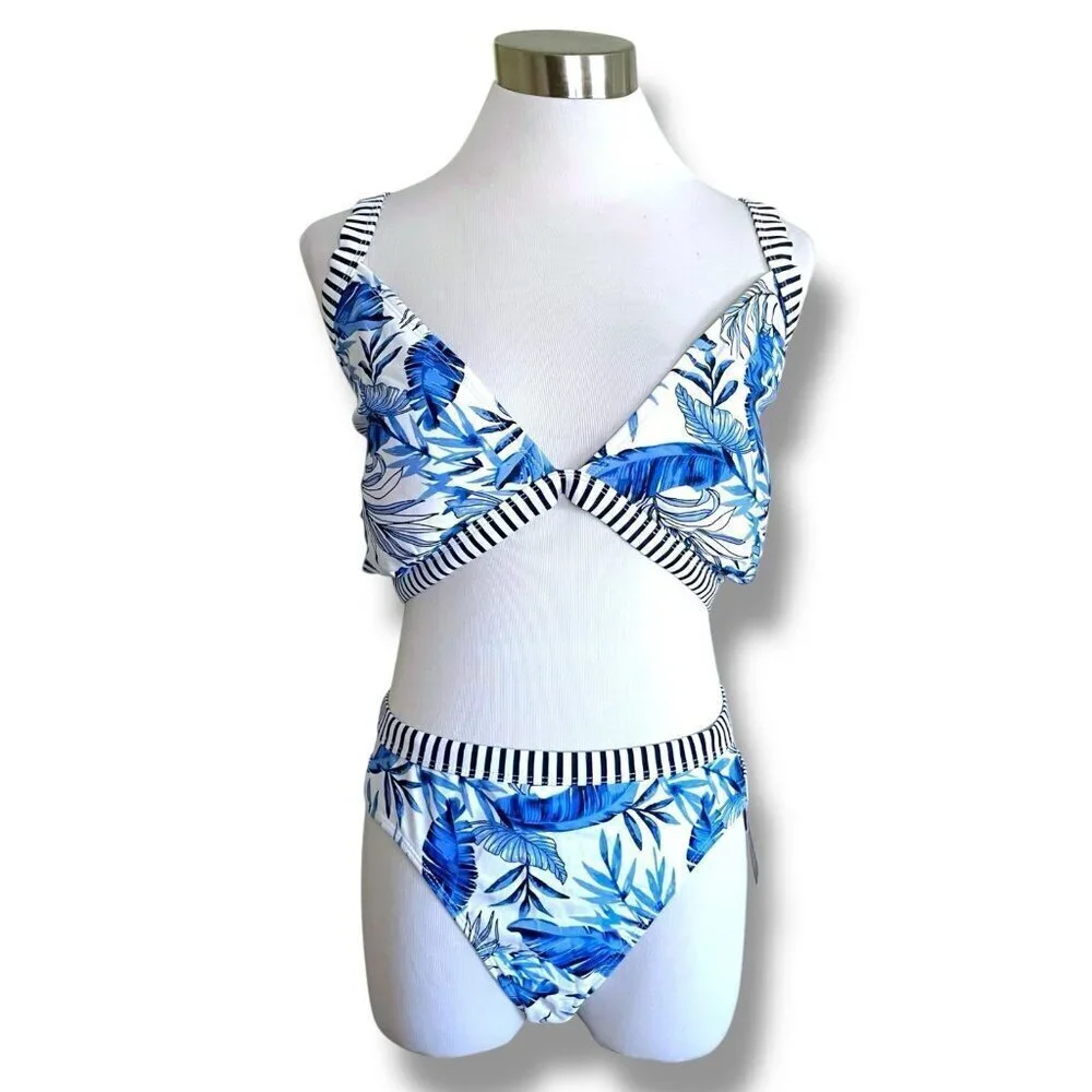 No Boundaries Womens Bikini Plus Sz XL 3X Blue White Palm Print Cut Out Swimsuit